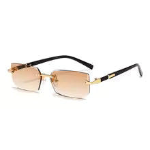 A pair of slim rimless sunglasses with narrow rectangular tinted lenses and minimalist metal arms.